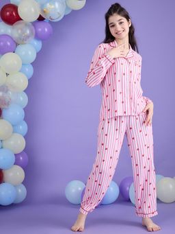 Cherry & Jerry - Pink Printed Cotton Night Suits Shirt with Pyjama