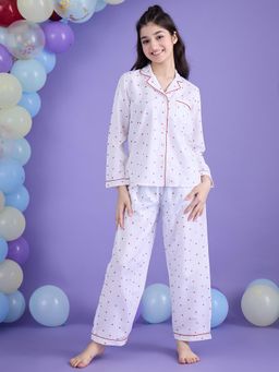 Cherry & Jerry - White Printed Cotton Night Suits Shirt with Pyjama