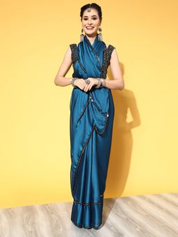 Akhilam - Women's Georgette Light Blue Embellished Belted Sarees with Unstitched Blouse