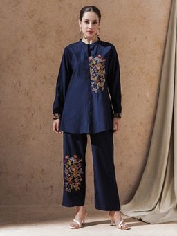 STYLEBAAZI - Navy Blue Solid Embroidered Co-Ord (Set of 2)