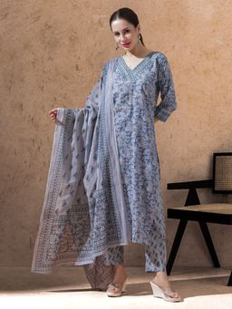 STYLEBAAZI - Grey Floral Embroidered Straight Kurta with Pant and Dupatta (Set of 3)