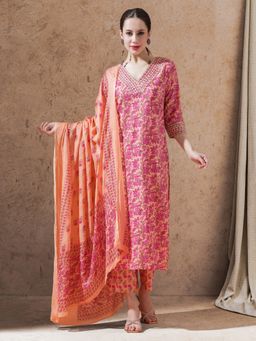 STYLEBAAZI - Peach Floral Embroidered Straight Kurta with Pant and Dupatta (Set of 3)