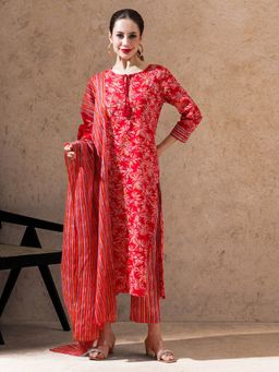 STYLEBAAZI - Red Floral Print Straight Kurta with Pant and Dupatta (Set of 3)