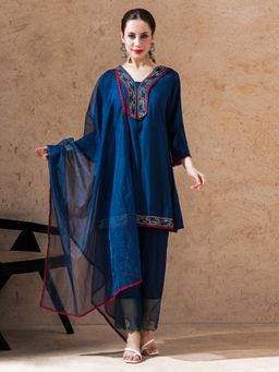 STYLEBAAZI - Blue Embroidered A-Line Kurta with Pant and Dupatta (Set of 3)