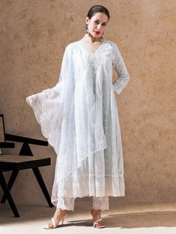 STYLEBAAZI - White Embroidered Anarkali with Pant and Dupatta (Set of 3)