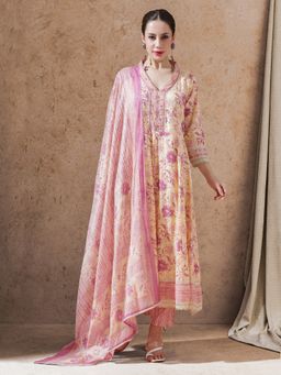 STYLEBAAZI - Pink Floral Embroidered Anarkali with Pant and Dupatta (Set of 3)