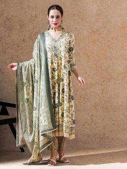 STYLEBAAZI - Olive Floral Embroidered Anarkali with Pant and Dupatta (Set of 3)