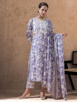 STYLEBAAZI - Purple Floral Embroidered A-Line Kurta with Pant and Dupatta (Set of 3)