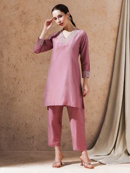 STYLEBAAZI - Mauve Solid Embroidered Straight Kurta and Pant (Set of 2)