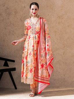 STYLEBAAZI - Peach Floral Embroidered Anarkali with Pant and Dupatta (Set of 3)