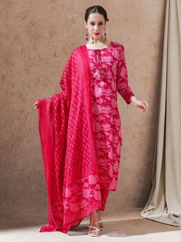 STYLEBAAZI - Pink Floral Mirror Work Straight Kurta with Pant and Dupatta (Set of 3)