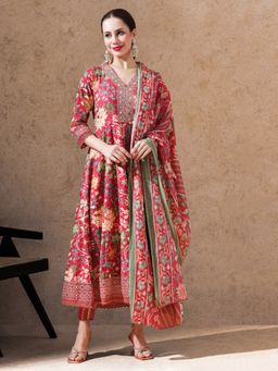 STYLEBAAZI - Red Floral Embroidered Anarkali with Pant and Dupatta (Set of 3)