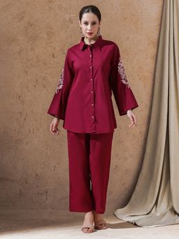 STYLEBAAZI - Maroon Solid Embroidered Co-Ord (Set of 2)