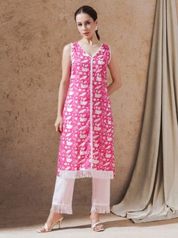 STYLEBAAZI - Pink Lace Work Floral Print Kurta and Pant (Set of 2)