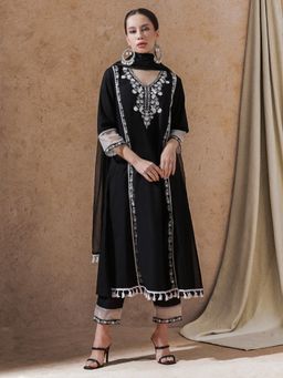STYLEBAAZI - Black Embroidered A-Line Kurta with Pant and Dupatta (Set of 3)