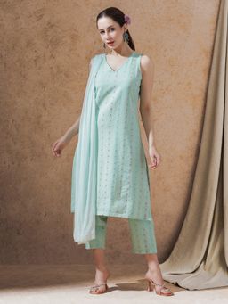 STYLEBAAZI - Green Ethnic Motifs Printed Straight Kurta with Pant and Dupatta (Set of 3)