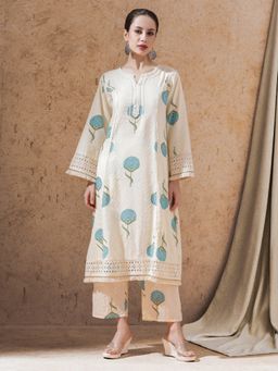 STYLEBAAZI - White Floral Printed A-Line Kurta and Pant (Set of 2)