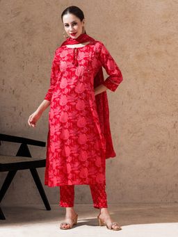 STYLEBAAZI - Red Floral Embroidered Straight Kurta with Pant and Dupatta (Set of 3)