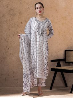 STYLEBAAZI - Purple Floral Embroidered Straight Kurta with Pant and Dupatta (Set of 3)