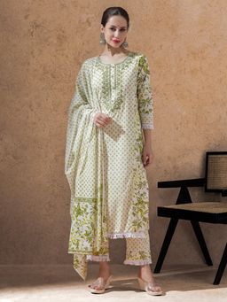 STYLEBAAZI - Green Floral Embroidered Straight Kurta with Pant and Dupatta (Set of 3)