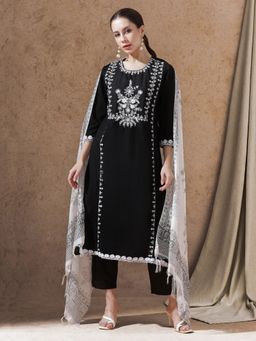 STYLEBAAZI - Black Embroidered Straight Kurta with Pant and Dupatta (Set of 3)