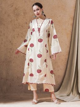 STYLEBAAZI - White Floral Printed A-Line Kurta and Pant (Set of 2)