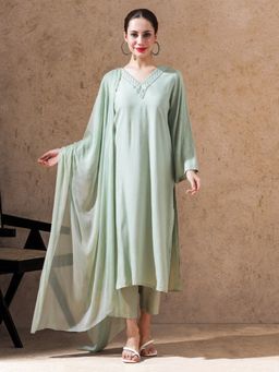 STYLEBAAZI - Green Solid Embroidered A-Line Kurta with Pant and Dupatta (Set of 3)