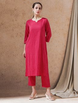 SHAHAD - Pink Textured Straight Kurta and Pant (Set of 2)