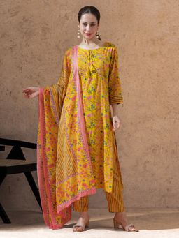 STYLEBAAZI - Yellow Floral Embroidered A-Line Kurta with Pant and Dupatta (Set of 3)