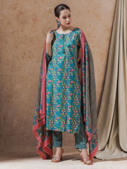 STYLEBAAZI - Turquoise Floral Embroidered A-Line Kurta with Pant and Dupatta (Set of 3)
