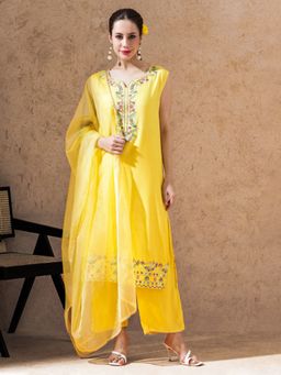 STYLEBAAZI - Yellow Embroidered Straight Kurta with Pant and Dupatta (Set of 3)