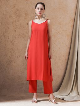 STYLEBAAZI - Red Solid Lace Work Straight Kurta and Pant (Set of 2)