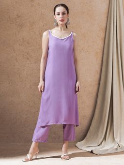 STYLEBAAZI - Lavender Solid Lace Work Straight Kurta and Pant (Set of 2)