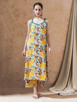 STYLEBAAZI - Yellow Floral Printed Straight Kurta and Pant (Set of 2)