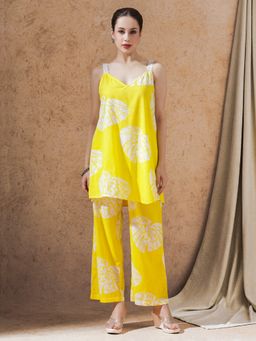 STYLEBAAZI - Yellow Floral Printed Straight Kurti and Pant (Set of 2)