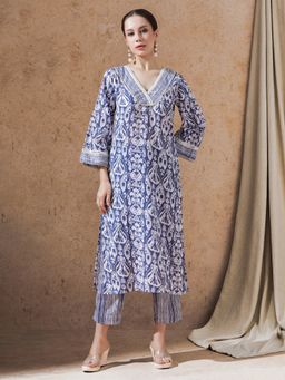STYLEBAAZI - Blue Floral Printed Straight Kurta and Pant (Set of 2)