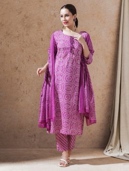 STYLEBAAZI - Purple Floral Embroidered Straight Kurta with Pant and Dupatta (Set of 3)