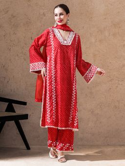 SHAHAD - Red Embroidered Kurta with Palazzo and Dupatta (Set of 3)