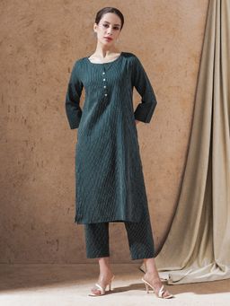 STYLEBAAZI - Teal Textured Printed Straight Kurta and Pant (Set of 2)
