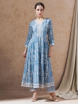 STYLEBAAZI - Blue Floral Embroidered Anarkali and Pant (Set of 2)
