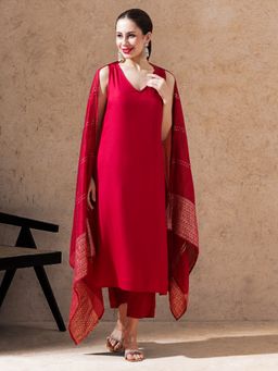SHAHAD - Red Solid Straight Kurta with Pant and Dupatta (Set of 3)