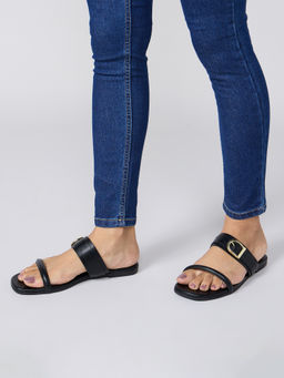 Twenty Dresses by Nykaa Fashion - Black Dual Strap Buckle Slider Flats