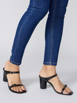 Twenty Dresses by Nykaa Fashion - Black Buckled Dual Strap Round Block Heels