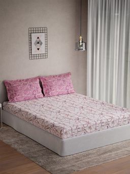 Ddecor Live Beautiful - Cotton Geometric Sigma 144TC Queen Bedsheet With Pillow Covers - Pink