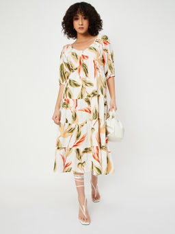 max - Women White Kalki Print Tiered Dress