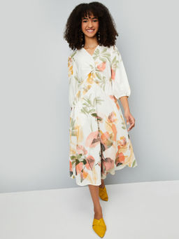 max - Women White Kalki Floral Print A-Line Midi Dress
