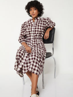 max - Women Burgundy Checked Tiered Dress