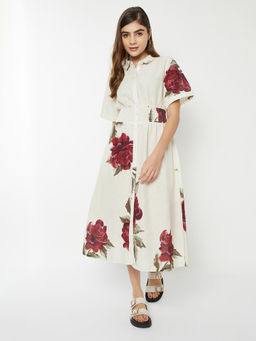max - Women Off White Floral Print Shirt Dress