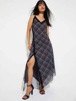 max - Women Grey Checked A-Line Side Slit Dress
