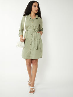 max - Women Green Solid A-line Shirt Dress with Belt